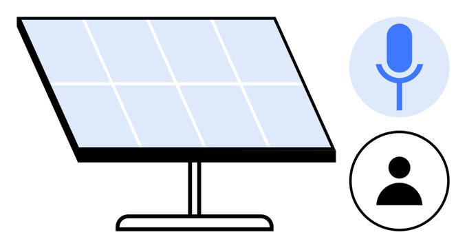 Solar panel adjacent to a microphone and user icon. Ideal for clean energy, tech communication, renewable resources, user interaction, sustainable development, eco-friendly innovation, simple flat