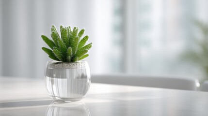 tiny cactus in a transparent glass pot standing on a glossy white surface with soft light reflections, 3d render