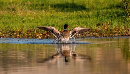 Fototapeta premium Mallard duck in flight approaching water, showcasing natural behavior in a serene environment