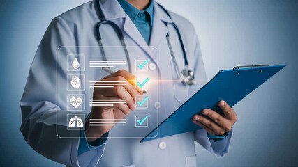 Doctor using digital checklist technology for smart healthcare monitoring, diagnosis, and patient record management in modern medical system. - Powered by Adobe