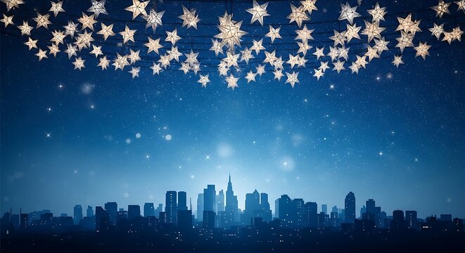 Photo of a silhouetted cityscape skyline under a starry night sky filled with twinkling snowflake lights, creating a magical winter wonderland atmosphere for the holidays