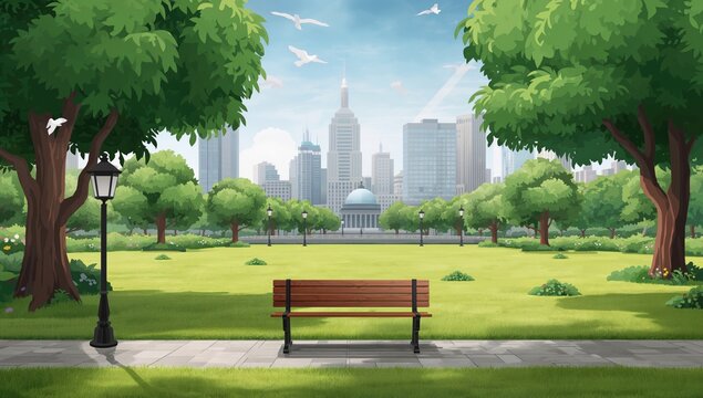 City park featuring lush trees and grassy areas, wooden seating, and urban skyline, ideal for relaxation