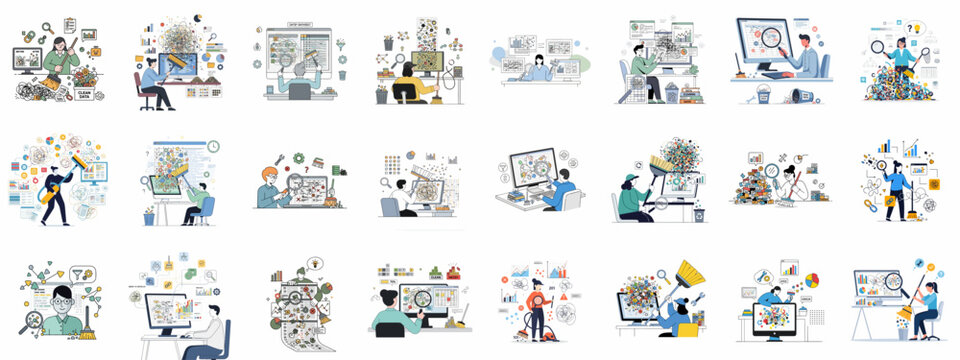Data Cleaning and Analysis Vector Set. Professionals use metaphorical cleaning tools to manage, process, and refine messy raw data for quality control and better outcomes.