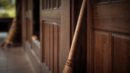A stick broom is a common household cleaning tool, efficiency in maintaining cleanliness