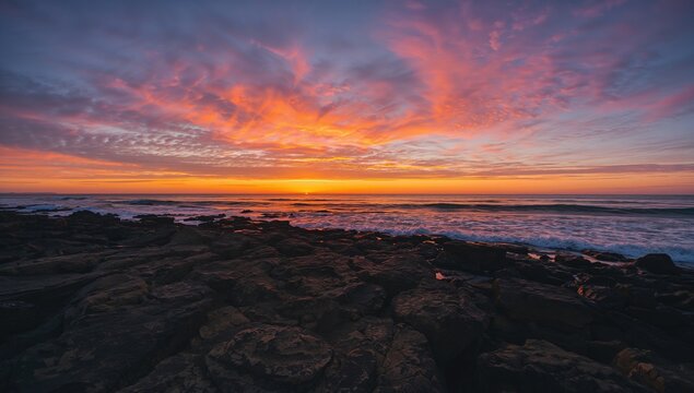 Vibrant sunset over rocky coastline with ocean view, ideal for seasonal reflection - Powered by Adobe