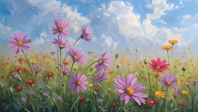 Multicolored oil painting of blooming purple daisies and cosmos in a vibrant field, seasonal change - Powered by Adobe