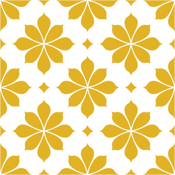 Seamless geometric pattern with yellow stylized flowers and diamonds on white background Keywords: seamless pattern, geometric, floral, flower, stylized, yellow, gold, white, background, texture