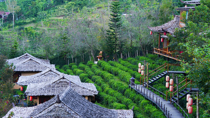 Ban Rak Thai, Mae Hong Son resort in green tea plantation on the hill and lake at  village, chinese style hotel and resort, famous tourist attractions is another landmark of North Thailand.