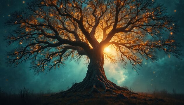 Ancient magical tree glows with warm light against dark starry sky. Mystical branches spread wide, roots anchor deep in mystical forest ground. Surreal nature fantasy scene.