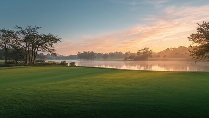 Fototapeta premium Morning scenery of a golf course illuminated by sunrise, promoting a tranquil start to the day