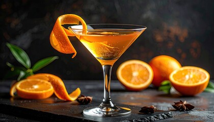 Golden Orange Cocktail Served in Martini Glass Garnished with Orange Peel With Fresh Oranges and Star Anise on Dark Wet Surface With Dramatic Lighting