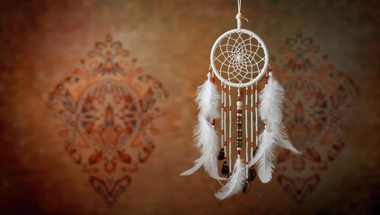 Handcrafted dreamcatcher featuring white feather thread and beaded string, a unique home decor piece
