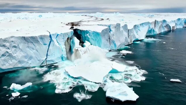 A massive glacier calving into the dark blue ocean, with large chunks of ice breaking off and splashing into the water under an overcast sky.
