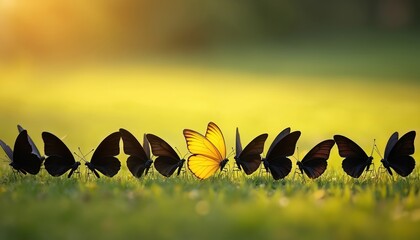 Illustration of a bright yellow butterfly among black butterflies. The photo symbolizes unique individuality standing out from the crowd. It represents leadership vision inspiration and motivation.