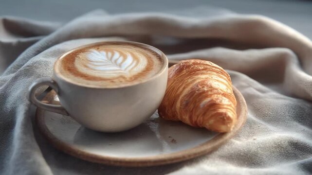 A cup of latte with latte art on a saucer, beside a croissant on a soft blanket.