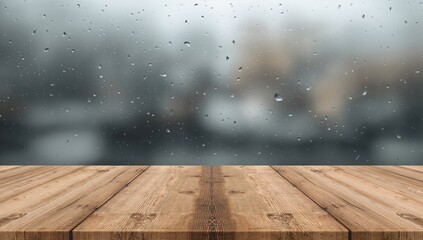 Wooden tabletop with raindrops on a clear window, suitable for product display or montage