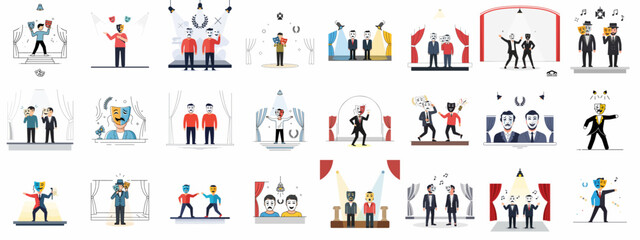 Comprehensive Vector Collection of Theatre and Drama Concepts, featuring Actors on Stage, Spotlights, Curtains, and Iconic Comedy and Tragedy Masks.