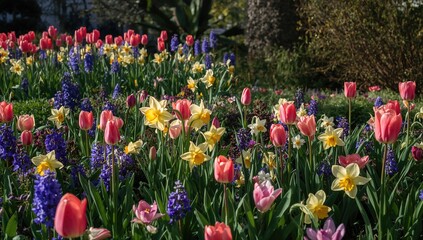 Spring flowers blooming in the garden, showcasing seasonal beauty and vibrant flora