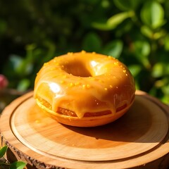Lemon Zest Glazed Donut on Round Light Wooden Board
