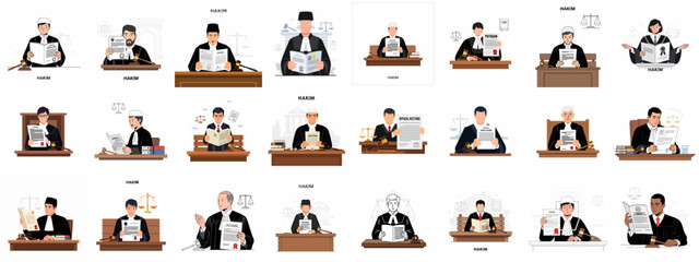Judge and Hakim Character Collection: Flat Vector Illustrations of Judicial Professionals Reading Verdicts and Documents with Gavels and Scales.