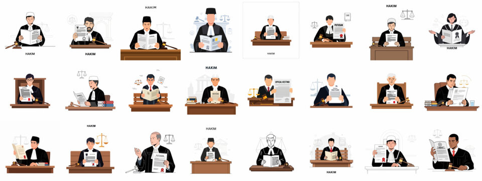 Judge and Hakim Character Collection: Flat Vector Illustrations of Judicial Professionals Reading Verdicts and Documents with Gavels and Scales.