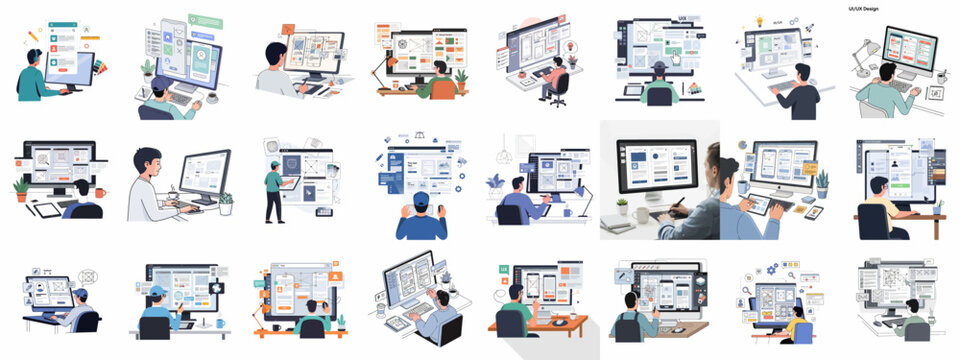 Montage of UI/UX Designers Crafting Web and Mobile Interfaces, Wireframes, and Prototypes on Computers, using modern vector illustration.
