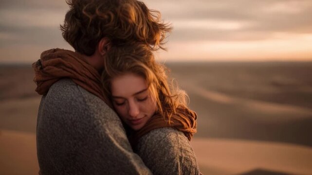 Two people share a warm embrace at sunset in a sandy dune landscape.