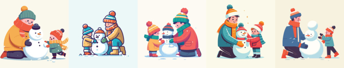 a father helps his child make a snowman