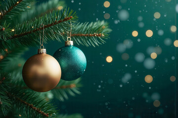 Christmas tree with green and golden ball decoration with light decoration in winter bokeh glitter background