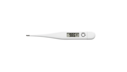 White digital thermometer displaying 98.6 degrees Fahrenheit isolated on a transparent background