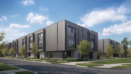 Fototapeta premium Contemporary residential structures, exterior view of energy-efficient homes, urban density