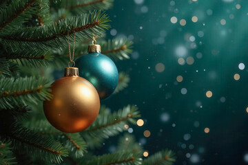 Christmas tree with green and golden ball decoration with light decoration in winter bokeh glitter background