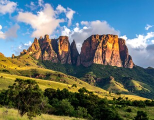 Dramatic mountain range under a partly cloudy sky, bathed in warm sunlight. Lush greenery