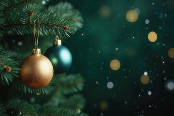 Christmas tree with green and golden ball decoration with light decoration in winter bokeh glitter background