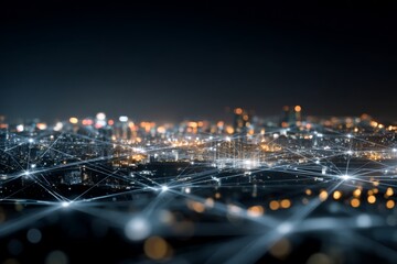 Obraz premium Nighttime Cityscape with Abstract Light Trails and Digital Connections Illuminating Urban Landscape in a Modern Metropolis