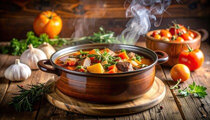 Hearty Beef Stew Simmering in a Rustic Pot Surrounded by Fresh Vegetables and Herbs on a Wooden Table