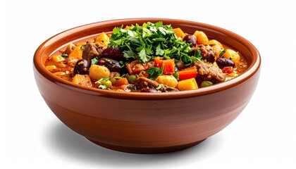 Hearty Brown Stew With Chunks Of Beef And Vegetables Garnished With Fresh Green Herbs In A Clay Bowl