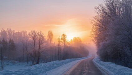 Naklejka premium Sunrise illuminating a frosty winter morning, seasonal change
