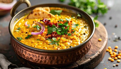 Hearty Dal Tadka Served in a Copper Bowl Garnished with Fresh Cilantro and Red Chili Flakes A Flavorful Indian Lentil Dish