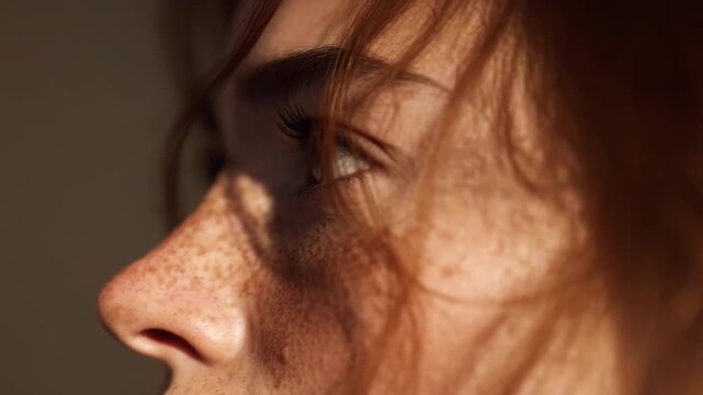Close-up of a freckled woman gazing upward, with sunlight on her nose and cheek, pink lips and a green-brown eye.