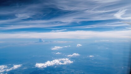 Aerial view from an airplane, showcasing the vast landscape below, emphasizing the experience of travel