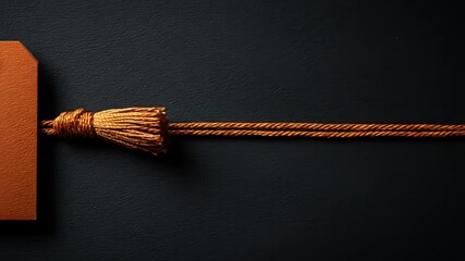 Textured paper tag with a metallic gold tassel string on a dark textured background