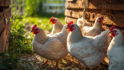 Chickens in a coop with a blurred backdrop, observing flock behavior