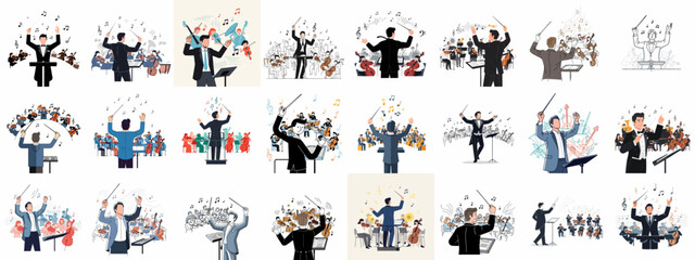 Vector Illustrations of Orchestra Conductors and Symphony Musicians Performing Classical Music