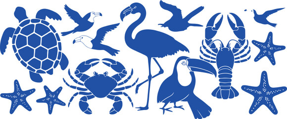 Fototapeta premium Blue sea creatures and birds silhouette collection