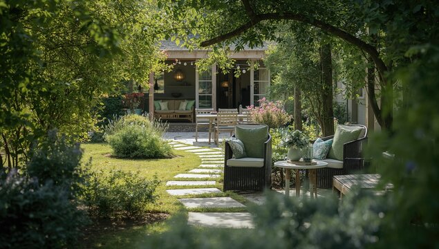 Seating arrangement in a garden featuring a table and chairs, ideal for relaxation and outdoor gatherings