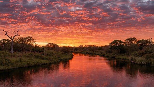 Okawango River sunset in Namibia, seasonal change