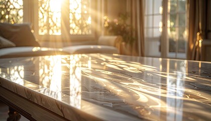 Golden Sunlight Reflects on a Marble Tabletop in a Bright Elegant Living Room With Natural Light Streaming Through Windows