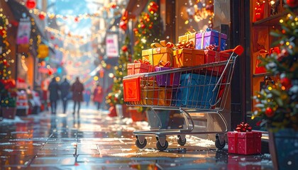 Holiday Shopping Cart Filled With Colorful Gift Boxes On Snowy Street With Festive Decorations And Blurred Pedestrians