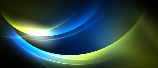 Abstract design features curved lines, vibrant blues, yellows, light source. Dark background emphasizes flowing shapes, creating dynamic visual effect.